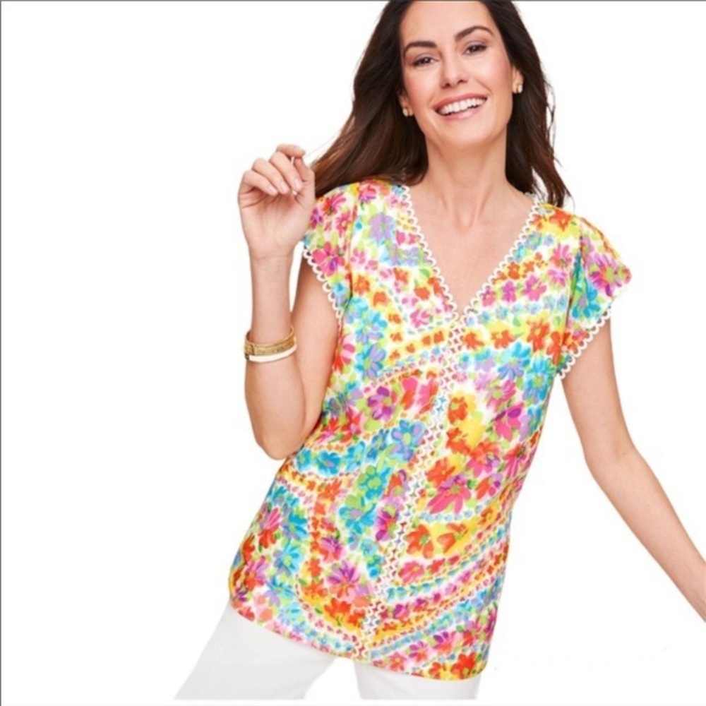 Talbots Plus Petite Floral Print V-Neck Blouse Short Sleeve Size 3XP